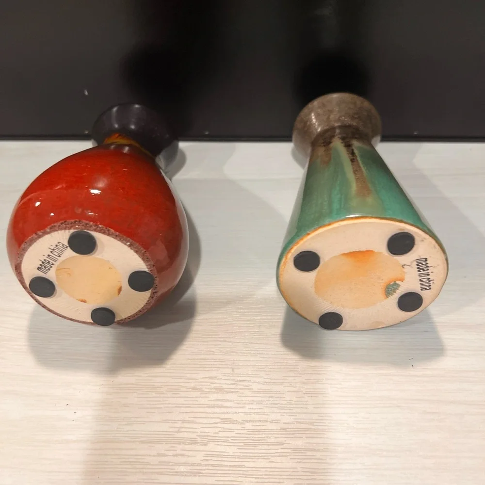 Art Pottery Drip Glaze Vases Burgundy Brown Green Gold Both Approx 4.5”‎ Height